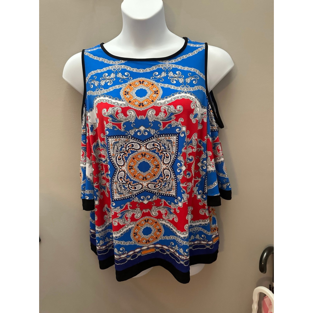 Susan Graver 1X Tunic Top Blouse Shirt Boho Knit Cold Shoulder Chain Print Chic